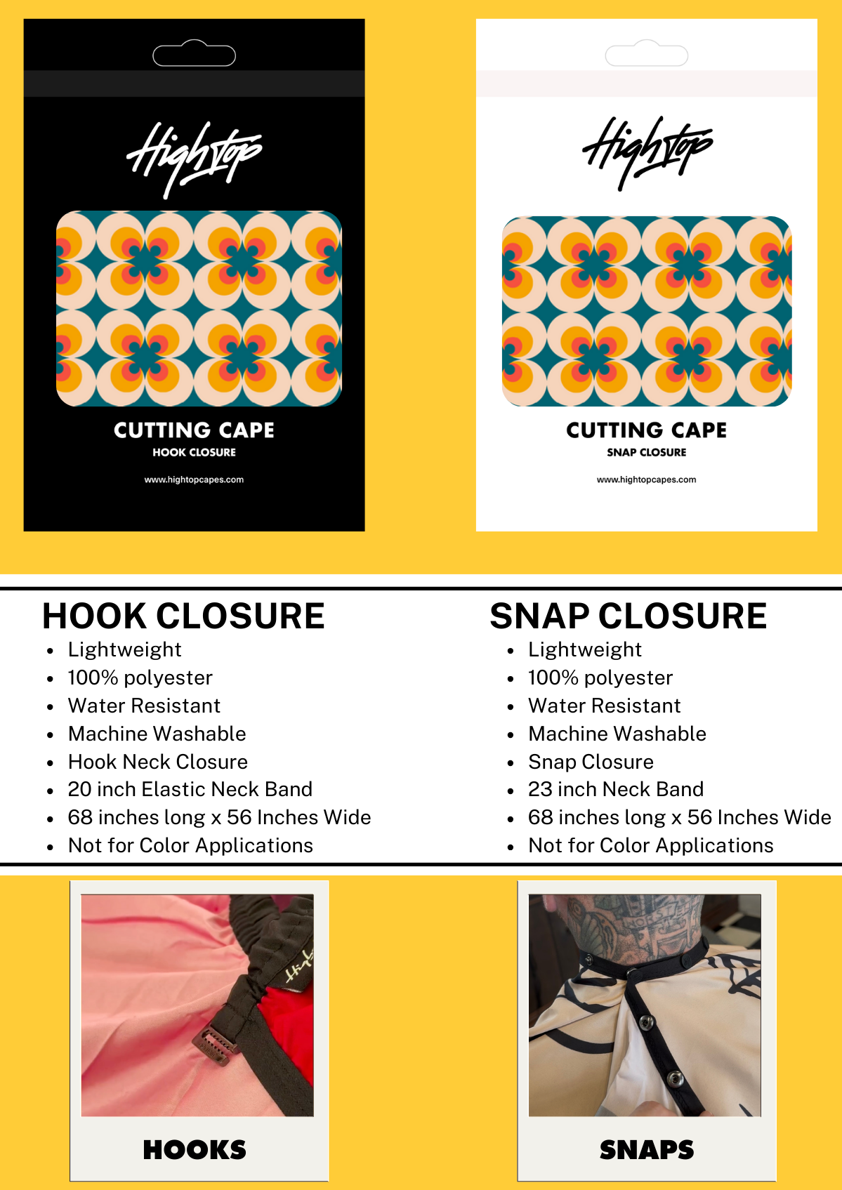 Product packaging for 'High Top' cutting caps with details on hook and snap closures.